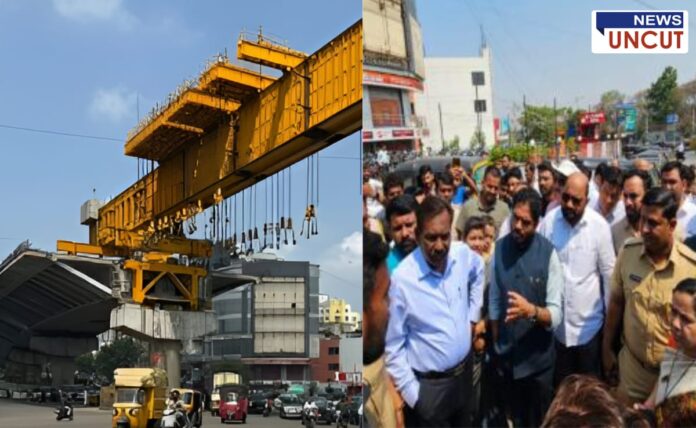 Ongoing construction of the Katraj Flyover in Pune with large yellow girders being installed. On the right side, local authorities, including MLA Yogesh Tilekar, are inspecting the site with officials and police personnel, discussing the project's progress and expected completion.