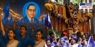 Collage showing vibrant Bhim Jayanti celebrations in India. On the left, a massive crowd of youth dressed in blue waves flags and plays dhol-tasha drums in front of a glowing portrait of Dr. B.R. Ambedkar during a nighttime rally. On the right, a daytime scene features women in traditional attire and blue turbans gathered beneath a flower-adorned statue, waving blue flags with the Ashoka Chakra.