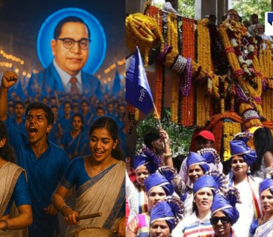 Collage showing vibrant Bhim Jayanti celebrations in India. On the left, a massive crowd of youth dressed in blue waves flags and plays dhol-tasha drums in front of a glowing portrait of Dr. B.R. Ambedkar during a nighttime rally. On the right, a daytime scene features women in traditional attire and blue turbans gathered beneath a flower-adorned statue, waving blue flags with the Ashoka Chakra.