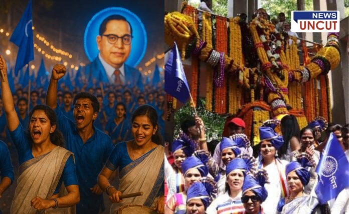 Collage showing vibrant Bhim Jayanti celebrations in India. On the left, a massive crowd of youth dressed in blue waves flags and plays dhol-tasha drums in front of a glowing portrait of Dr. B.R. Ambedkar during a nighttime rally. On the right, a daytime scene features women in traditional attire and blue turbans gathered beneath a flower-adorned statue, waving blue flags with the Ashoka Chakra.
