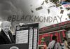 Visual depiction of 'Black Monday' stock market crash in India triggered by Trump's tariff announcement, showing Trump with a tariff board, falling currency notes, a stormy background, and investors outside the Bombay Stock Exchange.