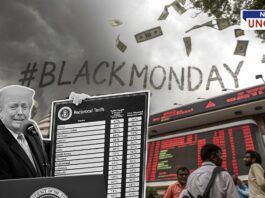 Visual depiction of 'Black Monday' stock market crash in India triggered by Trump's tariff announcement, showing Trump with a tariff board, falling currency notes, a stormy background, and investors outside the Bombay Stock Exchange.