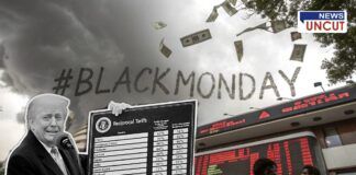 Visual depiction of 'Black Monday' stock market crash in India triggered by Trump's tariff announcement, showing Trump with a tariff board, falling currency notes, a stormy background, and investors outside the Bombay Stock Exchange.