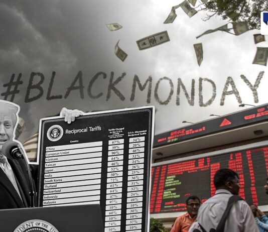 Visual depiction of 'Black Monday' stock market crash in India triggered by Trump's tariff announcement, showing Trump with a tariff board, falling currency notes, a stormy background, and investors outside the Bombay Stock Exchange.