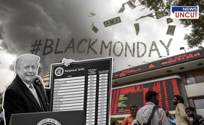 Visual depiction of 'Black Monday' stock market crash in India triggered by Trump's tariff announcement, showing Trump with a tariff board, falling currency notes, a stormy background, and investors outside the Bombay Stock Exchange.