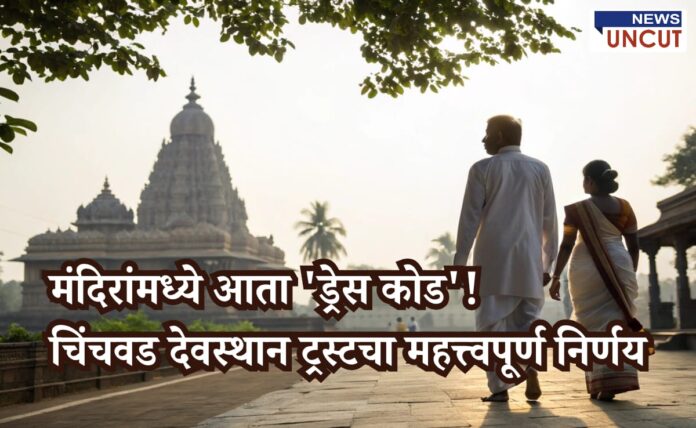 A traditionally dressed man and woman walking towards a serene Indian temple, reflecting the newly implemented dress code by Chinchwad Devasthan Trust to preserve temple sanctity.