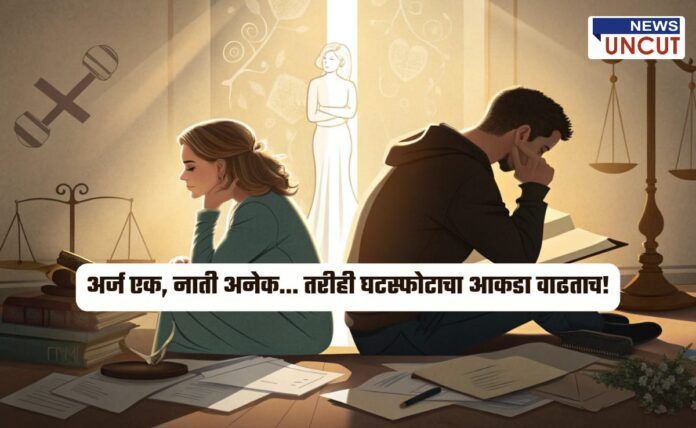 An emotional courtroom scene with a husband and wife sitting back-to-back in distress, symbolizing rising divorce cases. Legal books, documents, and a statue of justice are seen, highlighting the role of family court mediation in resolving conflicts.