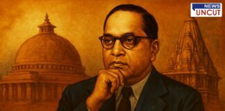 An artistic portrayal of Dr. B.R. Ambedkar in a contemplative pose, symbolizing the imagined unification of Buddhism and Jainism, with a Buddhist stupa on one side and a Jain temple on the other, representing spiritual and philosophical harmony.