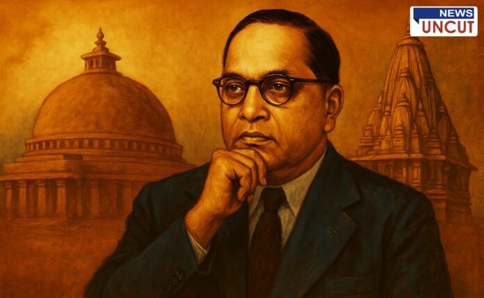 An artistic portrayal of Dr. B.R. Ambedkar in a contemplative pose, symbolizing the imagined unification of Buddhism and Jainism, with a Buddhist stupa on one side and a Jain temple on the other, representing spiritual and philosophical harmony.