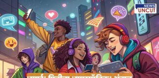 A vibrant illustration showing a group of Gen Z youths in an urban digital world, engaged with smartphones and tablets, expressing joy and connection through social media. The background is filled with emojis, app icons, and neon lights, symbolizing their tech-savvy, expressive, and bold lifestyle. The Marathi headline reads: 'The Supersonic Style of the Smart Generation.
