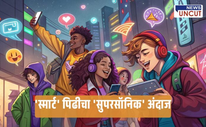 A vibrant illustration showing a group of Gen Z youths in an urban digital world, engaged with smartphones and tablets, expressing joy and connection through social media. The background is filled with emojis, app icons, and neon lights, symbolizing their tech-savvy, expressive, and bold lifestyle. The Marathi headline reads: 'The Supersonic Style of the Smart Generation.