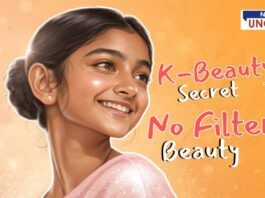 Smiling girl with glowing skin on peach background, representing Korean beauty trend and no-filter skincare secrets, from News Uncut article.