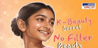 Smiling girl with glowing skin on peach background, representing Korean beauty trend and no-filter skincare secrets, from News Uncut article.