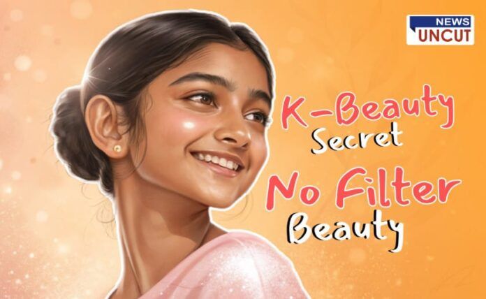 Smiling girl with glowing skin on peach background, representing Korean beauty trend and no-filter skincare secrets, from News Uncut article.