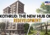 Visual of newly developed high-rise buildings alongside an elevated metro line in Kothrud, Pune, with bold title 'Kothrud: The New Hub of Redevelopment!' and NEWS UNCUT logo.