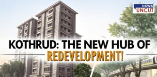 Visual of newly developed high-rise buildings alongside an elevated metro line in Kothrud, Pune, with bold title 'Kothrud: The New Hub of Redevelopment!' and NEWS UNCUT logo.