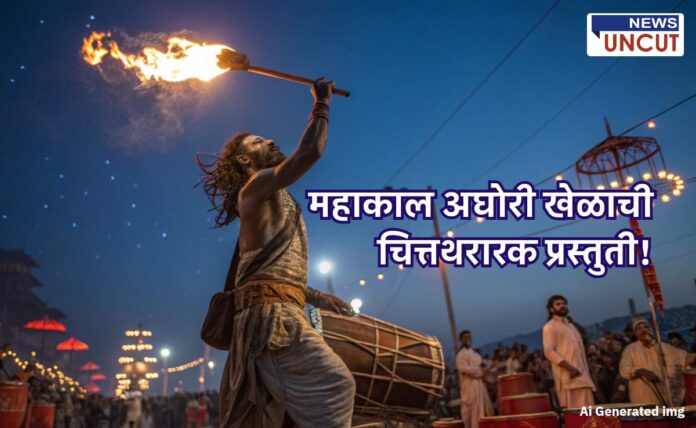 महाकाल अघोरी खेळातील कलाकार मशाल घेऊन अग्नीचा खेळ करताना, पार्श्वभूमीला ढोल वाजवणारे आणि पारंपरिक धार्मिक उत्सवातील गर्दी.