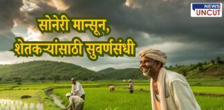 Map of India showing the tercile probability rainfall forecast for the 2025 southwest monsoon season. The map uses color coding to indicate areas with below normal (yellow to red shades), normal (green shades), and above normal (light to dark blue shades) rainfall probability. Most parts of central, southern, and western India are shaded in blue, indicating a high chance of above normal rainfall. Northeastern and northern border regions show yellow and orange, suggesting below normal rainfall in those areas. White spots indicate regions with climatological (neutral) probability.