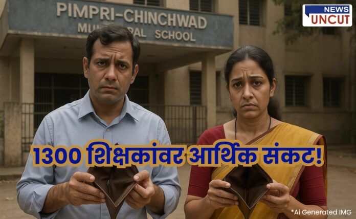 A male and female teacher stand in front of a Pimpri-Chinchwad Municipal School building, both holding empty wallets and looking distressed. Marathi text on the image reads 