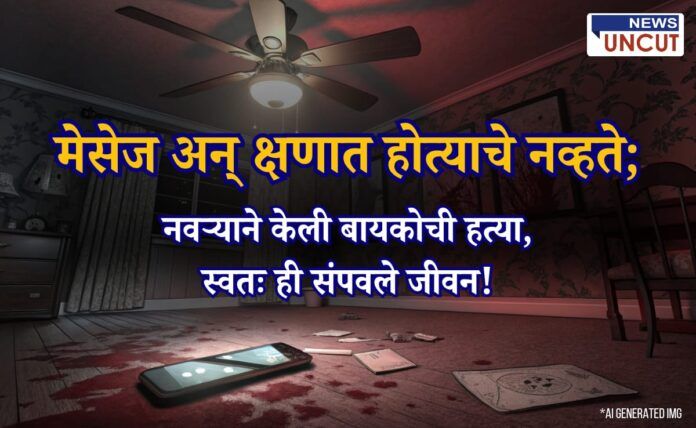 एक अंधारलेली, भावनिक पार्श्वभूमी असलेली खोली. जमिनीवर पडलेला मोबाईल फोन, तुटलेला फोटो फ्रेम आणि छताला फिरणारा पंखा दिसतो. घरगुती हिंसाचाराचे प्रतीक. प्रतिमेत कोणतीही व्यक्ती किंवा मजकूर नाही.