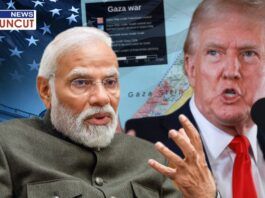 A digitally edited news thumbnail featuring Indian Prime Minister Narendra Modi and former U.S. President Donald Trump. The background includes the U.S. flag, a Gaza war map, and the "News Uncut" logo, indicating a discussion on geopolitics, international relations, or media coverage of global conflicts.