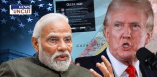 A digitally edited news thumbnail featuring Indian Prime Minister Narendra Modi and former U.S. President Donald Trump. The background includes the U.S. flag, a Gaza war map, and the "News Uncut" logo, indicating a discussion on geopolitics, international relations, or media coverage of global conflicts.