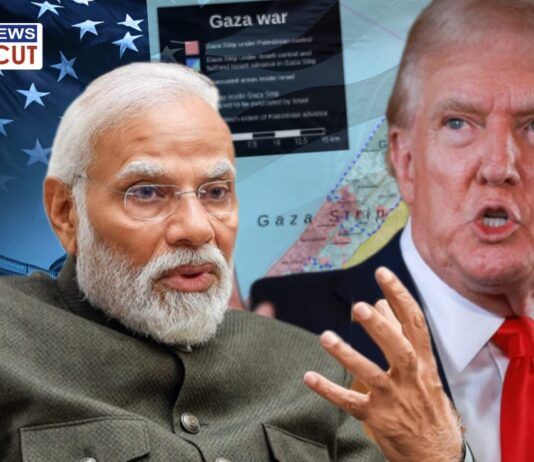 A digitally edited news thumbnail featuring Indian Prime Minister Narendra Modi and former U.S. President Donald Trump. The background includes the U.S. flag, a Gaza war map, and the "News Uncut" logo, indicating a discussion on geopolitics, international relations, or media coverage of global conflicts.