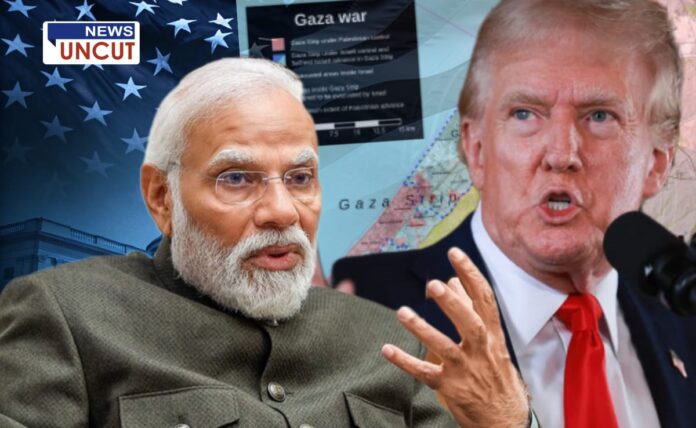 A digitally edited news thumbnail featuring Indian Prime Minister Narendra Modi and former U.S. President Donald Trump. The background includes the U.S. flag, a Gaza war map, and the 