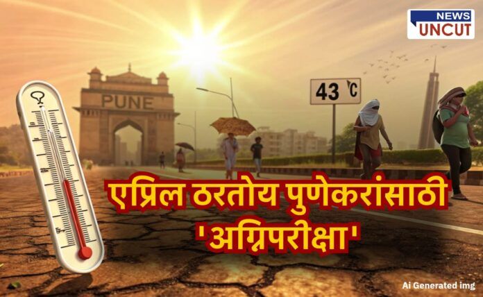 पुण्यात एप्रिलमध्ये तापमानाचा पारा ४३ अंश सेल्सिअसवर; कडक ऊन, उन्हाच्या झळा, आणि उन्हापासून बचावासाठी चेहरे झाकलेले नागरिक; तापमान फलक, थर्मामीटर आणि पुणे गेटचा देखावा — शहरातील उष्णतेची तीव्रता दर्शवणारा दृश्य.