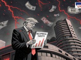 Illustrated scene of former U.S. President Donald Trump holding a document titled "Reciprocal Tariffs" in front of the Bombay Stock Exchange (BSE) building. The sky is stormy with red lightning and various international currency notes flying around, symbolizing global financial turmoil and market instability.