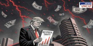 Illustrated scene of former U.S. President Donald Trump holding a document titled "Reciprocal Tariffs" in front of the Bombay Stock Exchange (BSE) building. The sky is stormy with red lightning and various international currency notes flying around, symbolizing global financial turmoil and market instability.