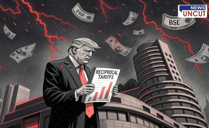Illustrated scene of former U.S. President Donald Trump holding a document titled 