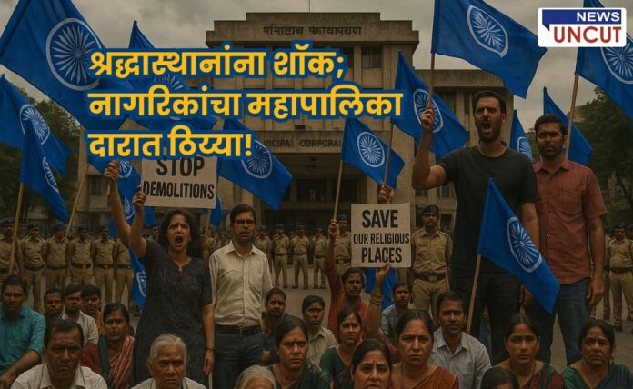 Religious Site Demolition Notice Sparks Protest in Pimpri कुदळवाडीतील प्रार्थनास्थळांवर महापालिकेने अचानक हातोडा उचलला! गुरुवारी (दि. २४) अनधिकृत बांधकामांच्या नोटिसा थडकल्या आणि शुक्रवारी (दि. २५) संतप्त नागरिकांनी रिपब्लिकन पार्टी ऑफ इंडिया (आठवले गट) च्या नेतृत्वाखाली महापालिका भवनाच्या प्रवेशद्वारावर धडक मारली.