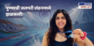 Indian swimmer Sakshi Chhajed proudly holding her silver medal after a record-breaking performance in the Swimathon competition in London. The background features a swimming pool, water splashes, the Indian flag, and iconic London landmarks, symbolizing her international achievement and national pride.