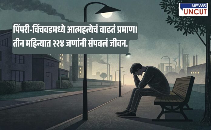 A somber illustration showing a man sitting alone on a bench under a streetlight in an industrial area, with his head in his hands, depicting stress and despair. The background includes factories, residential buildings, and dark skies, highlighting the urban setting. A Marathi headline overlays the image, reporting a rise in suicide rates in Pimpri-Chinchwad with 224 cases in three months.