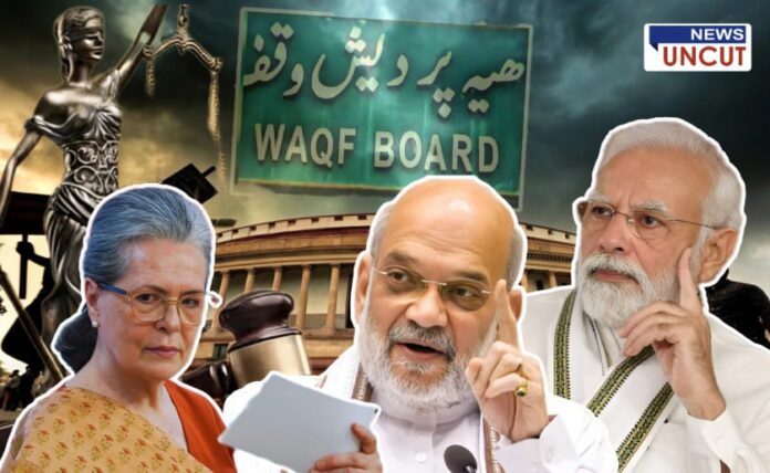 Sonia Gandhi, Amit Shah, and Narendra Modi with Parliament and Waqf Board sign in background; symbol of justice and protest imagery hinting at controversy over Waqf Amendment Bill.