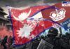 A dramatic scene in Kathmandu, Nepal, showing riot police clashing with protesters near Tribhuvan International Airport, with smoke and chaos in the background. A large Nepalese flag with a crown symbol overlays the image, representing the monarchy, while traditional Nepalese architecture is visible. The thumbnail, branded with the News Uncut logo, illustrates the ongoing political crisis and conflict between monarchy supporters and democracy advocates in Nepal.