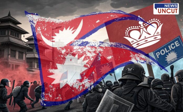 A dramatic scene in Kathmandu, Nepal, showing riot police clashing with protesters near Tribhuvan International Airport, with smoke and chaos in the background. A large Nepalese flag with a crown symbol overlays the image, representing the monarchy, while traditional Nepalese architecture is visible. The thumbnail, branded with the News Uncut logo, illustrates the ongoing political crisis and conflict between monarchy supporters and democracy advocates in Nepal.