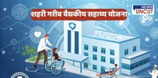 Illustrative thumbnail for the 'Urban Poor Medical Assistance Scheme' by Pune Municipal Corporation. The image features a modern hospital with digital healthcare elements, a doctor assisting a patient in a wheelchair, and another patient on a stretcher, symbolizing accessible and improved healthcare services for underprivileged citizens in Pune. The background includes futuristic medical icons, emphasizing online medical assistance.