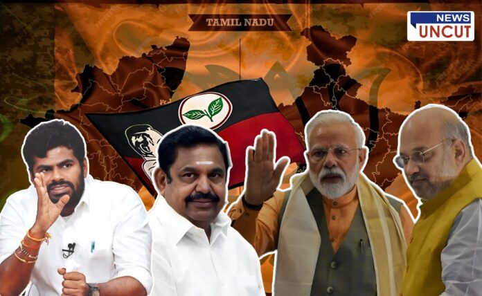 Political thumbnail showing BJP–ADMK alliance in Tamil Nadu. Background features a stylized map of Tamil Nadu with saffron and black tones and the ADMK party flag. In the foreground are prominent political figures: K. Annamalai, Edappadi K. Palaniswami, Narendra Modi, and Amit Shah. Top right corner includes a 'News Uncut' logo.