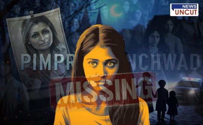 A digital illustration depicting a missing woman in Pimpri-Chinchwad. The image features a young woman with intense eyes, overlaid with the word 'MISSING' in bold red letters. In the background, there are multiple faded faces of women, a police car with flashing lights, and a crime investigation atmosphere. A portrait of another woman with a red stain is pinned to the scene, emphasizing the urgency of the situation.