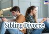 A young man and woman sit on a couch facing away from each other, both engrossed in their phones. The scene conveys emotional distance. The headline "Sibling Divorce" is centered in bold text with a white background. The "News Uncut" logo is visible in the top-right corner.