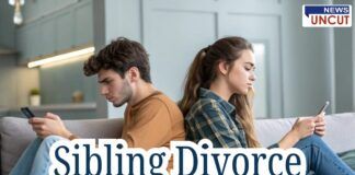 A young man and woman sit on a couch facing away from each other, both engrossed in their phones. The scene conveys emotional distance. The headline "Sibling Divorce" is centered in bold text with a white background. The "News Uncut" logo is visible in the top-right corner.