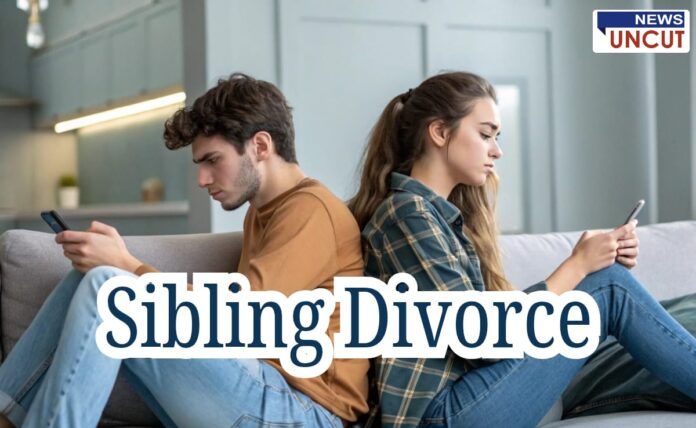 A young man and woman sit on a couch facing away from each other, both engrossed in their phones. The scene conveys emotional distance. The headline 
