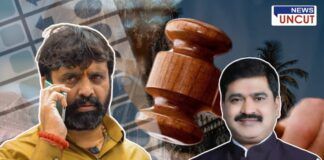 भोसरी विधानसभा निवडणूक वादग्रस्त ठरतोय! न्यायालयाच्या नोटीसीनंतर महेश लांडगे अडचणीत, तर अजित गव्हाणे यांच्या याचिकेची दखल घेतली जाते. पार्श्वभूमीला न्यायालयाचा हातोडा व मतदान प्रतिमा.