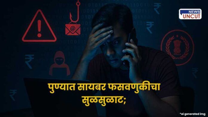 A digital illustration showing a worried young Indian man sitting indoors with a smartphone in his hand, surrounded by symbolic visual cues of cyber fraud—such as warning icons, anonymous hacker figures, and digital currency symbols—highlighting the concept of online scams and financial fraud. The overall atmosphere is tense and cautionary.