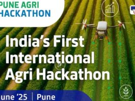 A promotional banner for the Pune Agri Hackathon 2025, showcasing a drone flying over lush green crop fields with digital icons representing technology and agriculture. The text reads "India’s First International Agri Hackathon" and includes the event date "1–3 June ’25" and location "Pune"