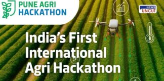 A promotional banner for the Pune Agri Hackathon 2025, showcasing a drone flying over lush green crop fields with digital icons representing technology and agriculture. The text reads "India’s First International Agri Hackathon" and includes the event date "1–3 June ’25" and location "Pune"