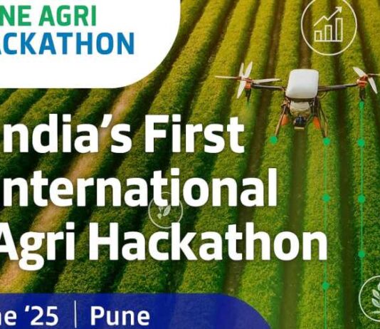 A promotional banner for the Pune Agri Hackathon 2025, showcasing a drone flying over lush green crop fields with digital icons representing technology and agriculture. The text reads "India’s First International Agri Hackathon" and includes the event date "1–3 June ’25" and location "Pune"
