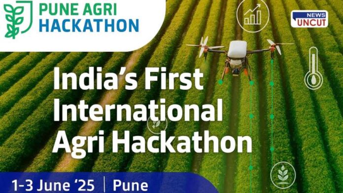 A promotional banner for the Pune Agri Hackathon 2025, showcasing a drone flying over lush green crop fields with digital icons representing technology and agriculture. The text reads 